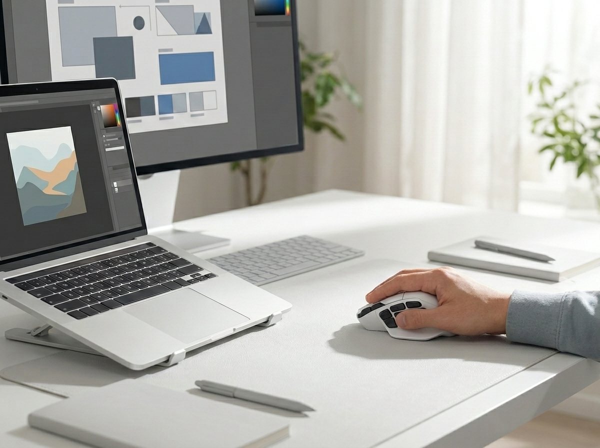 ノートPCと外部モニターでデザイン作業をしながらマウスを操作する手元
