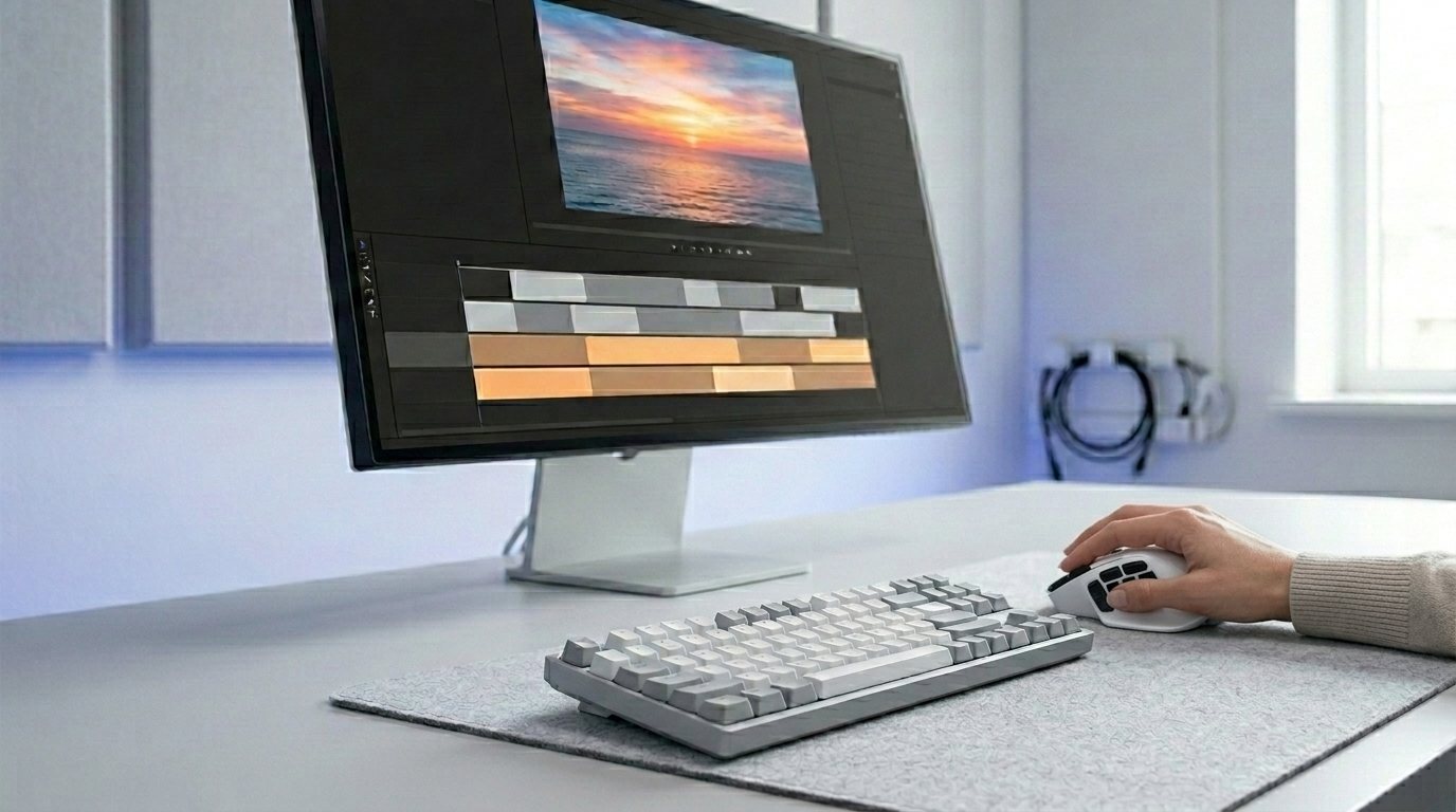 動画編集の画面を前にマウスを操作するクリエイターの手元