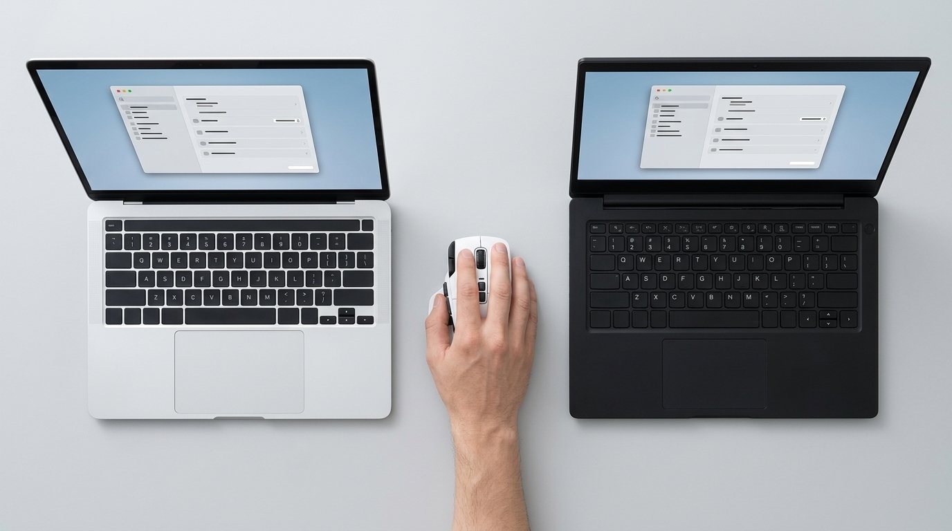 銀色と黒のノートPCを並べ、その間でマウスを操作する様子